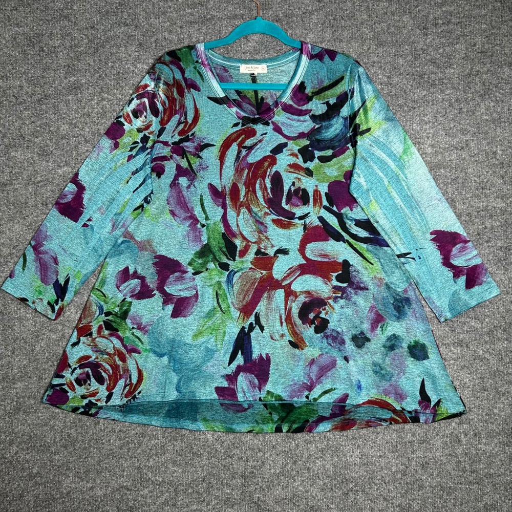 Jess & Jane Womens XL Floral Tunic Top Teal Purple V-Neck 3/4 Sleeve Artsy